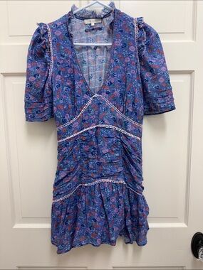 Love Shack Fancy Neck Blue Puff-Sleeve Mini Dress